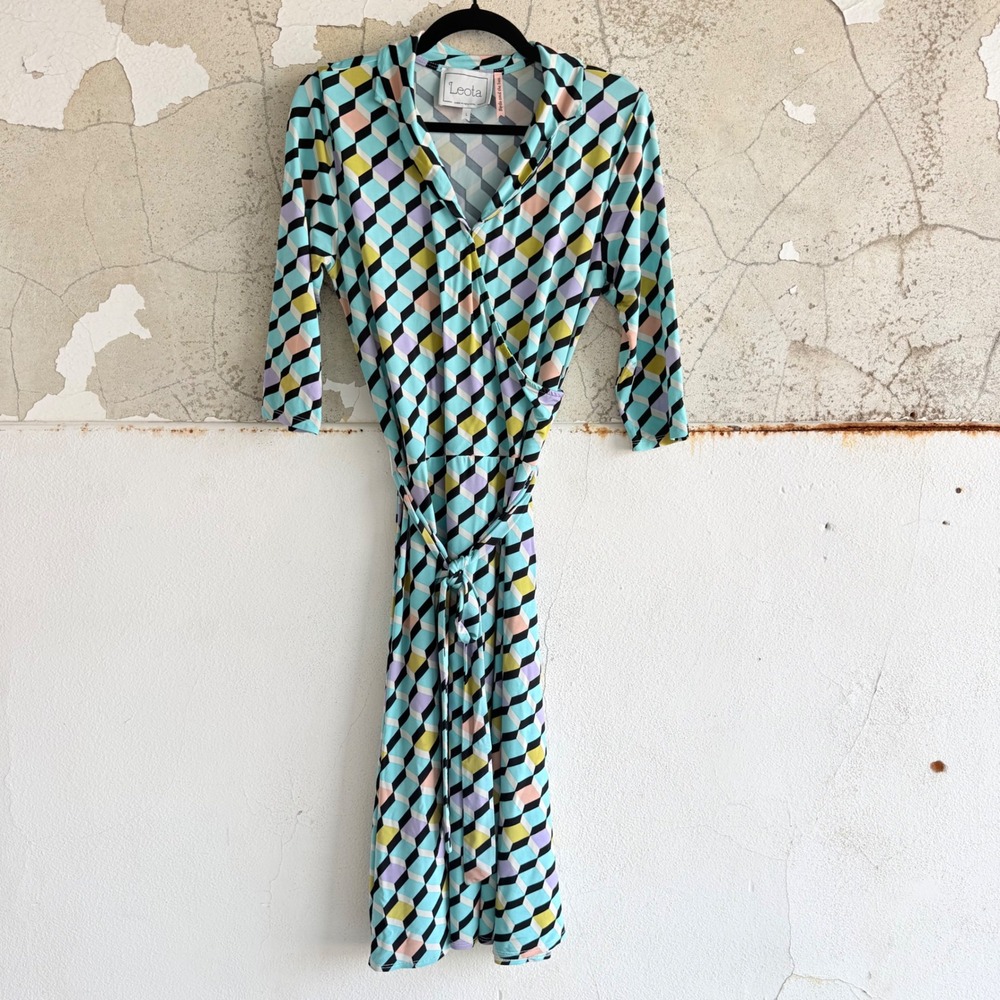Leota Wrap Dress Geometric 3D Cube Print Jersey Knit Midi Mod Retro Womens L NY